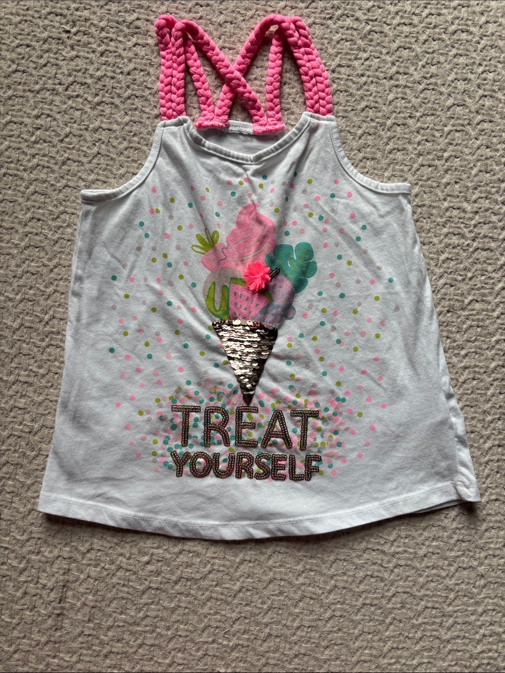 Girls' Pink-Strap 'Treat Yourself' Ice Cream Graphic Tank Top